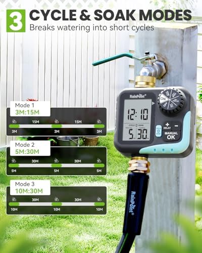 RAINPOINT Sprinkler Timer for Garden Hose - Hose Timer with Cycle & Soak/Rain Delay/Automatic Watering/Manual Watering, Programmable Irrigation System with Large Display, Brass Inlet & Outlet - Image 5