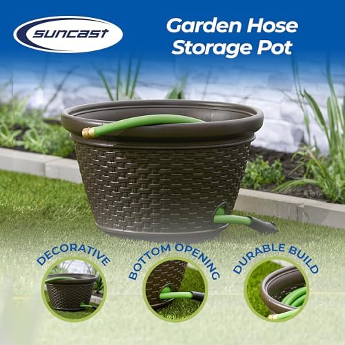 Suncast Decorative Wicker Garden Hose Holder Pot with 4 Drain Holes for 100 Foot Hoses, Java - Image 2