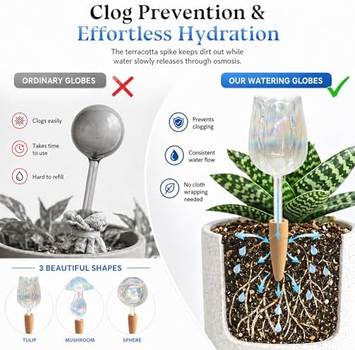 HyJeryty Non-Clogging Iridescent Tulip Plant Watering Globes with Terracotta Spikes, Hand Blown Glass Self Watering Planter Insert, Watering Bulbs for Indoor Small & Medium Potted Plants (3 Pack) - Image 3