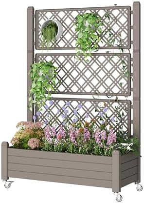 Resin Raised Garden Bed with Trellis and Wheels - Plasitc Planter Box with Trellis Outdoor with Drainage Holes & Water Monitor for Climbing Plants, Flower, Gray(61.2" H) by WTFGO