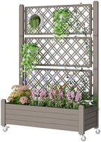 Resin Raised Garden Bed with Trellis and Wheels - Plasitc Planter Box with Trellis Outdoor with Drainage Holes & Water Monitor for Climbing Plants, Flower, Gray(61.2" H) by WTFGO