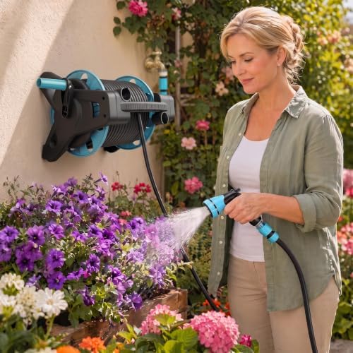 100FT Garden Hose Reel Wall-Mounted with 10-Pattern Spray Nozzle Heavy-Duty PVC Water Pipe Anti-Kink Retractable System for Car Wash Gardening Lawn Irrigation Fits All 100 ft - Image 2