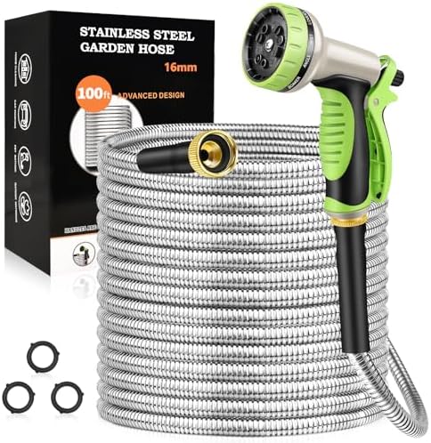 GOXAWEE 100FT Garden Hose, Stainless Steel Water Hose, 10 Function Nozzle by GOXAWEE