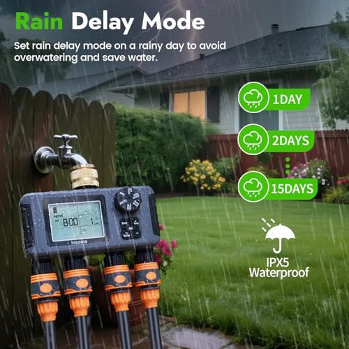 Insoma Water Timer with Brass Inlet, 4 Independent Zones Outdoor Hose Timer for Garden Faucet with Auto/Manual/Rain Delay Mode, IPX5 Waterproof, Sprinkler Irrigation Controller for Yard Lawn - Image 3