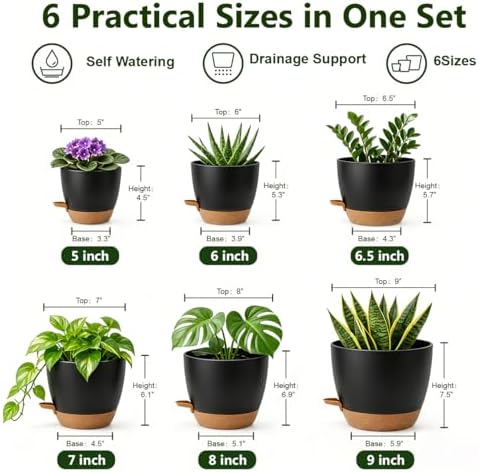 Plant Pots for Indoor 9/8/7/6.5/6/5 Inch, Self Watering Planter Pots with Drainage Holes and Saucers, 6Pcs Plastic Flower Pots for Indoor & Outdoor Plants（Black） - Image 2