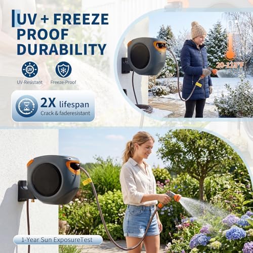 65FT Retractable Garden Hose Reel, 1/2" In Mesh PVC Water Hose Reels with 10-Function Spray Nozzle, Automatic Slow Retraction System, Any Length Lock for Garden, Yard & Outdoor Watering - Image 4