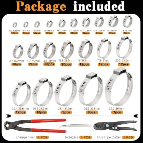 560PCS 22-Sizes Stepless Single Ear Hose Clamp Kit with Pliers & Cutter, 5.3-36.1mm (1/4"-1-3/8") 304 Stainless Steel Anti-Corrosion Clamps for Automotive Fuel Line,CV Boot,HVAC,Radiator & PEX - Image 4