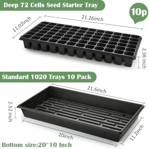 RooTrimmer 10 Pack 1020 Trays No Holes and 10 Pack 72 Cell Seed Starter Tray, 20" x 10" - Heavy Duty Reusable Plastic Seed Starter Kit for Microgreens, Seed Germination & Plant Propagation (10 Sets) - Image 2
