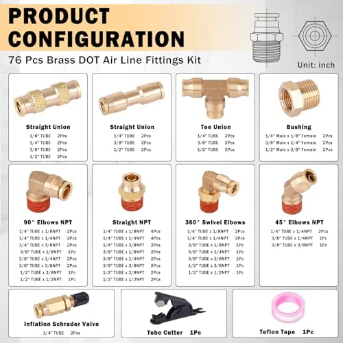 CheeMuii 76 Pcs Brass DOT Air Line Fittings Kit DOT Push to Connect Fitting - Image 2