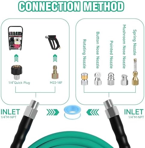 100FT Sewer Jetter Kit for Pressure Washer,1/4‘’NPT Drain Cleaner Hose 5800PSI, With Adapter Corner Rotating Button Nose Sewer Jetting Nozzles Kit Pearl Corsage Pin Spanner Waterproof Tape - Image 3