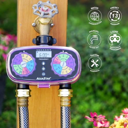 AQUASTAR Two-Zone Hose Watering Timer (Purple), Automatic Irrigation for Lawn, Garden, Yard, Two Outlets - Image 4