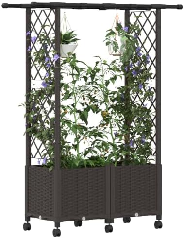 Mobile Raised Garden Bed with Trellis and Roof, Brown - Image 3