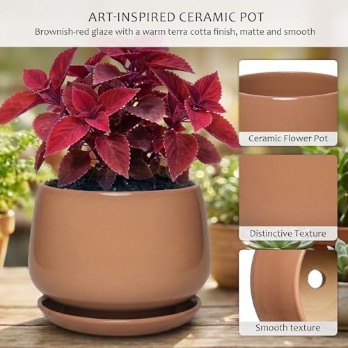 7.5 Inch Ceramic Planter with Saucer,Modern Garden Pots with Drainage Hole Mesh Net, for Indoor Outdoor Use(Reddish Brown) - Image 3