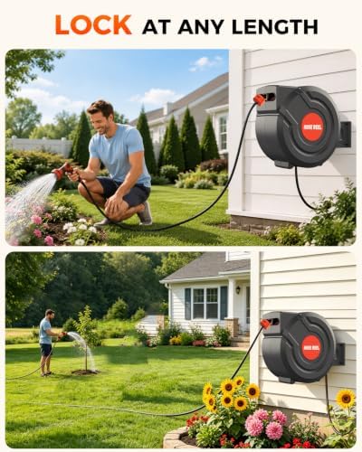 Retractable Garden Hose Reel 130 FT 1/2 Inch 180° Swivel Automatic Slow Return Any Length Lock Hose Reels for Outside 9 Pattern Sprayer Nozzle UV Resistant - Image 5