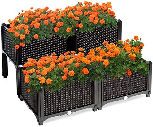 Giantex Raised Garden Bed, Set of 4 Planter Raised Beds Kits with Drain Holes for Fruit Flowers Vegetables, Outdoor Elevated Planting Box for Lawn Patio Balcony, Easy Assembly, Rattan-Like Look, Brown by Giantex