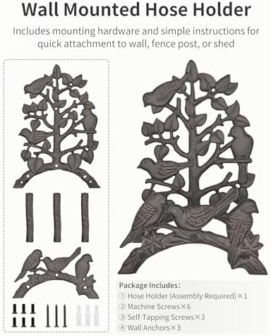 Cast Iron Garden Hose Holder Heavy Duty - Rustic Wall Mount Water Hose Hanger Reel Organizer, Decorative Birds & Branch Design, Vintage Outdoor Garden Yard Patio Storage Rack, Black-Brown - Image 3