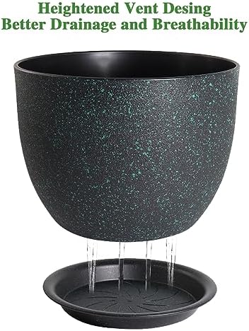 UOUZ 12/10/9 Large Modern Plant Pots, Plastic Planters with Drainage Holes and Saucers for Indoor Outdoor Plants Flowers, Black with Green Speckles - Image 3