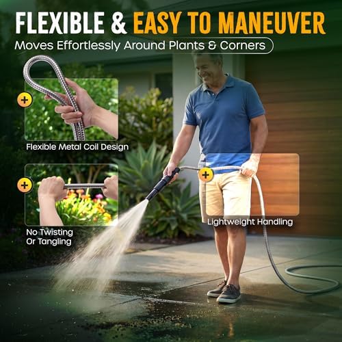 Bernini 40-Ft Metal Garden Hose with Storage Pot, Heavy-Duty, Flexible and Expandable Garden Hose, Kink-Free Stainless Steel, Includes Spray Nozzle & Brass Fittings - Image 3