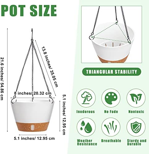 Amyhill 6 Pcs 8 Inch Hanging Planter for Indoor Plants Self Watering Hanging Pot Baskets with Drainage Hole Visible Water Level Tray with Hooks for Garden Outdoor(White) - Image 2