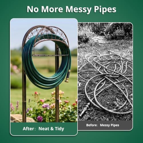 Garden Hose Holder Stand with Storage Basket, Heavy Duty Freestanding Water Hose Hanger Storage Rack with 4 Ground Spikes, Detachable Metal Hose Organizer for Outside Yard, Lawn, Farm, Bronze - Image 5