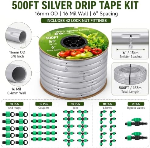 Tondiamo 500 ft 5/8" Drip Tape Irrigation Kit 16 Mil 6" Spacing, Green - Image 2