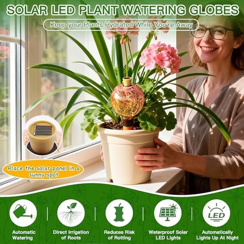 SAVENNA Crackle Glass Plant Watering Globe with Terracotta Spike,Self-Watering Irrigation for Potted Plants, with Solar Accent Light for Indoor & Outdoor Décor, 17oz, Yellow–Pink Gradient - Image 2