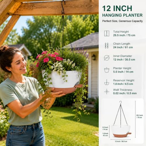 12" Self Watering Hanging Planters with Chains, White Brown, 2 Pack - Image 3
