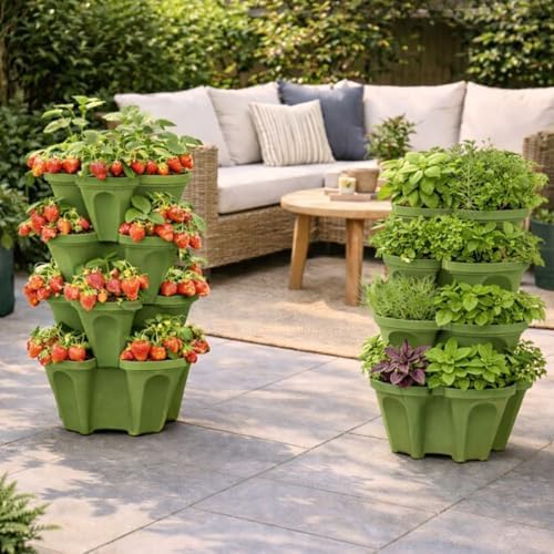 Strawberry Planter Tower, 4 Tier Stackable Vertical Planter, 16 Plant Sites, Space Saving Garden Planter, Indoor Outdoor, Made in USA (4, Sagebrush Green, Small) - Image 5