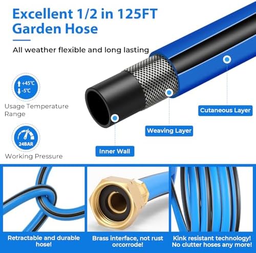 Himimi Retractable Garden Hose Reel 125 ft + 6.6 ft, 1/2 in Wall Mounted Heavy Duty Water Hose Reel with 10-Pattern Nozzle, Upgraded Slow Auto Rewind, Any Length Lock, 180° Swivel Mount - Image 6