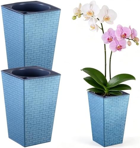 Self Watering Pots for Indoor Plants, 2 Pack Flower Pots Self Watering Planter 10.7" x 6.9" Plastic Pots African Violet Wick and Grow Pots Tall Orchid pots Square Large Plant Pots, Blue by Planterhoma