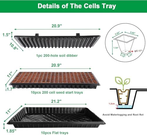 20Pack 200-Cell Seed Starter Trays with Base Tray & Dibber for Gardening. - Image 2