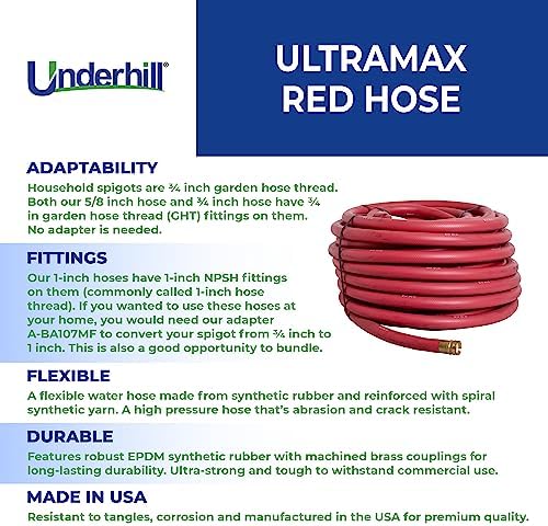 Underhill UltraMax Commercial Garden Water Hose 75 ft, Rubber, Flexible, Anti-Kink, 200 psi WP, 800 psi BP, H10-075R, 1 Inch x 75 ft NPSH, Red - Image 3