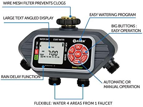 Eden 93413 Programmable Digital Water Timer 4-Zone & 98063 Multi-Adjustable Flex Design Above Ground Irrigation Garden Sprinkler System, Sprinkler & Hose, DIY Plant Watering Set - Image 3
