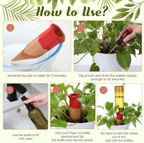 SiliFine 6 Sets Plant Watering Devices Include Terracotta Self Watering Spikes and 26 oz Plastic Bottles, Slow Release Vacation Insert Automatic Plant Waterer Device (Green and Mixed Color) - Image 4