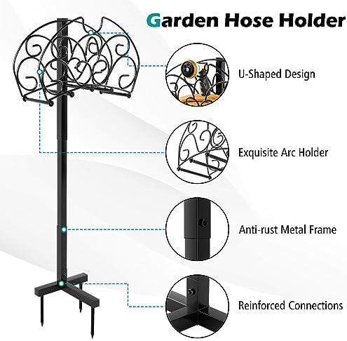 Goplus Garden Hose Holder, 42" Detachable Metal Hose Stand Rack with 3 Anchor Points, Freestanding Heavy Duty Hose Organizer for Outside Yard Garden Lawn Use, Store 150FT Water Pipes - Image 3