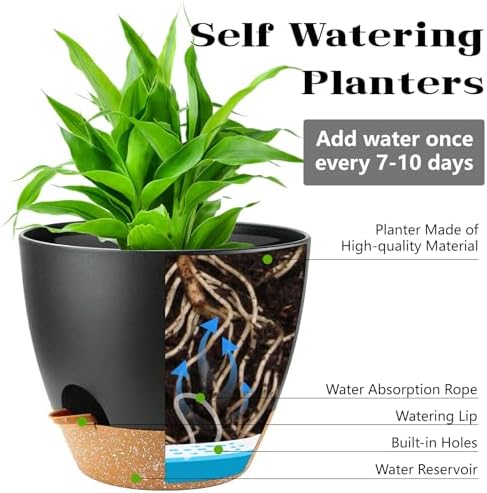 Indoor Pots For Plant Self Watering Plant Pots For Lazy People, 8/7.5/7/6.5/6/5.5/5 Inch,Black Plastic Self Watering Planter For All Houseplants,Succulent, African violets, Flowers And Cactus - Image 2