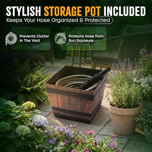 Bernini 40-Ft Metal Garden Hose with Storage Pot, Heavy-Duty, Flexible and Expandable Garden Hose, Kink-Free Stainless Steel, Includes Spray Nozzle & Brass Fittings - Image 5