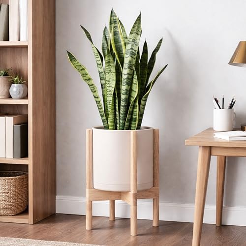 D'vine Dev Plastic Pot with Natural Wood Stand, Oatmeal, 10 in, 55-C-M-4 - Image 2