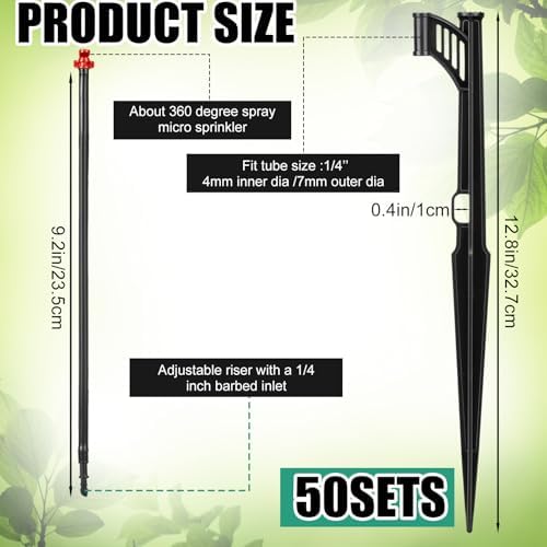 50 Pcs 12.8 Inch Drip Irrigation Stakes with 360 Degree Sprayer Emitters and Sprinkler Extension Riser for 1/4 Inch Drip Tubing Micro Sprinkler Heads Stakes for Garden Watering System, Red - Image 2