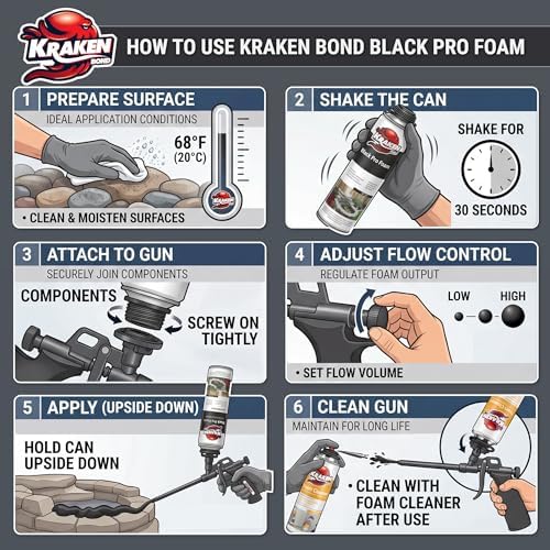 Kraken Bond Black Spray Waterfall Foam Sealant - (2x24oz) Expanding Polyurethane Pond Foam Sealer Black, UV Resistant Insulating Spray for Landscape & Exterior, Gun Use, Gun Not Included, 2 Pack - Image 4