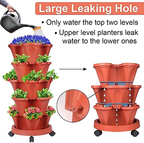 DUNCHATY Stackable Planters 5 Tier Vertical Garden Planting Tower Planters Strawberry, Herb, Flower, and Vegetable Planter Indoor Outdoor Gardening Pots with Removable Wheels and Tools - Image 4