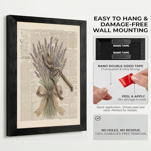 Framed Canvas Wall Art Vintage Gardening Shears and Lavender Muted Tones on Printed Page Canvas Print Poster Black Frame Wall Decor for Kitchen Cottagecore Art, Rustic Home Decor - 24x36 Inch - Image 3