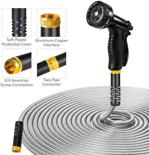 100ft Garden Hose, Heavy Duty Metal Water Hose 100 ft with 10 Function Nozzle, Flexible No-Kink, Pet-Proof & Puncture-Proof Stainless Steel Outdoor Hose for Yard - Image 6