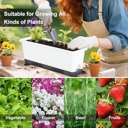 Window Box Planter 4 Packs, 17 Inches Rectangle Flower Pots with Drainage Holes & Trays, Pots for Vegetables, Herbs, Flowers, Garden Windowsill Balcony (White, 17 * 5.1 * 6 inch) - Image 6