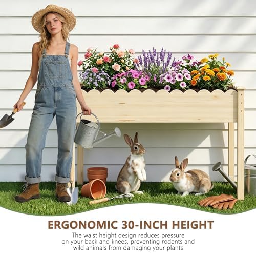 Raised Garden Bed with Legs, 48x24x30in Tall Wooden Elevated Planter Box with Liner for Flowers Vegetables Herbs, Wavy Profile Outdoor Raised Bed for Balcony/Patio/Backyard - Image 6