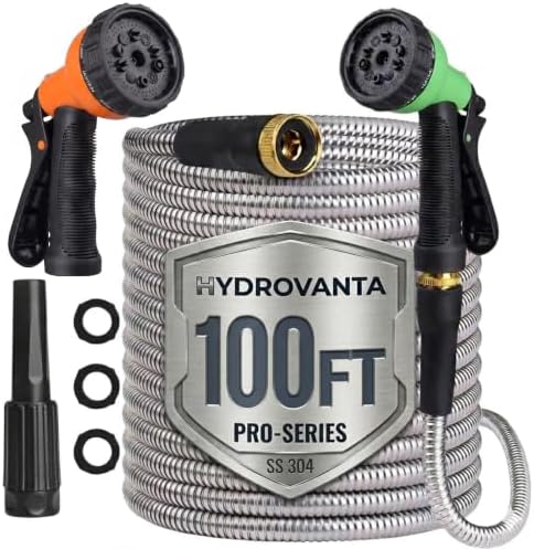 100FT Metal Garden Hose 304 Stainless Steel, with 2 Multi-Function Spray Nozzles, 1Pc Precision Twist Nozzle, Solid Brass Fittings, Flexible No-Kink Design- 450PSI with 16mm Dia Hose by Unknown