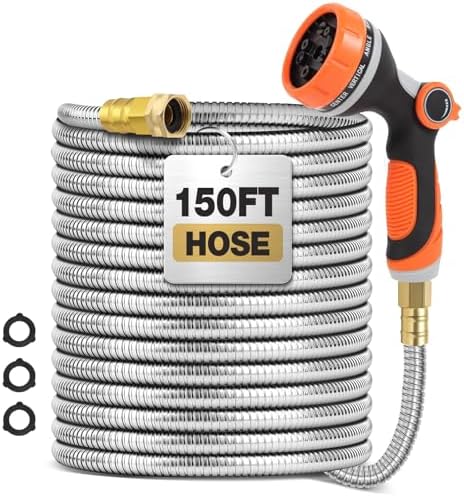 150 ft Garden Hose, Metal Water Hose 100 ft with 10 Function Nozzle & 3/4 Copper Fitting, Heavy Duty & Flexible, Kink Free & Lightweight for Yard, Outdoor, Lawn, Patio & Car by SPRIKIR