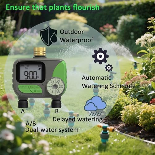 Drip Irrigation System with Water Timer for Garden,Main ID 1/2inch 32Ft and 1/4inch 136Ft Water Hose, 2-Zone Automatic Watering System Sufficient Water, Irrigation Dripper Waterflow Evenly Easy DIY - Image 4
