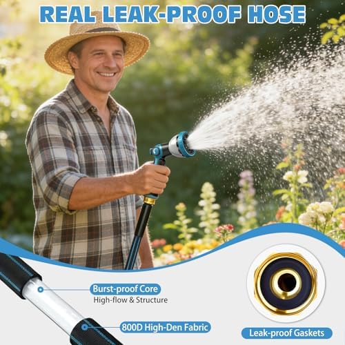 Halfjuly Garden Hose 100FT, Flat Non-Expandable Lightweight Water Hose, Durable Flexible Heavy Duty No Kink Design with 3/4" Fittings, 10 Way Spray Nozzle for Outdoor Yard Lawn - Image 2