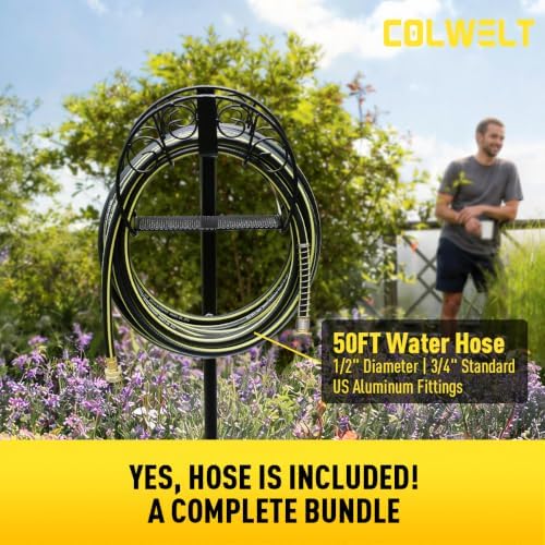 Colwelt Garden Hose Holder & 50FT Water Hose 1/2", Freestanding Water Hose Holder, Rustproof Detachable Garden Hose Storage, Water Hose Reel Stand with Storage Basket, Metal Hose Stand for Yard & Lawn - Image 2